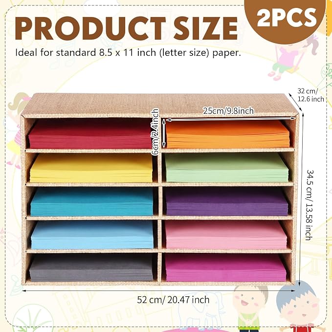 Dispowreath 2 Pack 10 Slots Construction Paper Storage, Classroom Mailboxes, Back to School Literature Cardboard Paper Organizer for Teacher, Office, 19.7 x 12.4 x 11.8 Inches(Beige,Burlap)