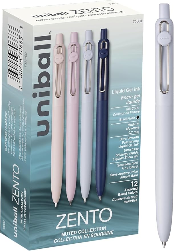 uniball Zento Liquid Gel Ink Retractable Pens, Medium Point (0.7mm), Muted Barrels, Black Ink, Dozen (Pack of 144)