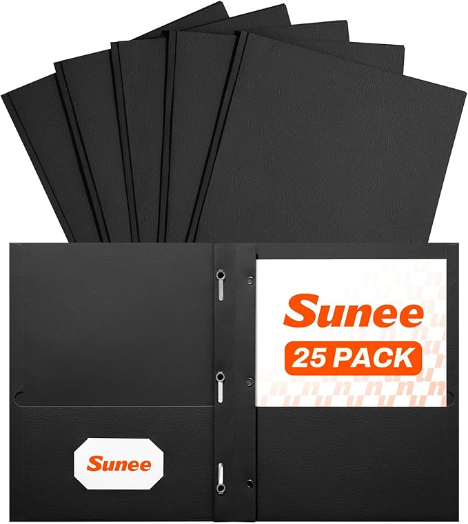 SUNEE 2 Pocket Folders with Prongs (25 Pack, Black), Paper Folders with 2 Pockets and 3 Prongs Fit Letter Size Paper, Folders with Prongs for School Office Home Business