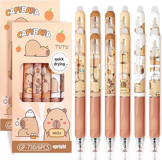 12 PCS Cute Erasable Pens,Capybara Erasable Gel Ink Pens,0.5mm Black Ink - Retractable,Cute Capybara School Supplise,Kawaii Capybara Stationery Set, Perfect for Office, School, Women,Man