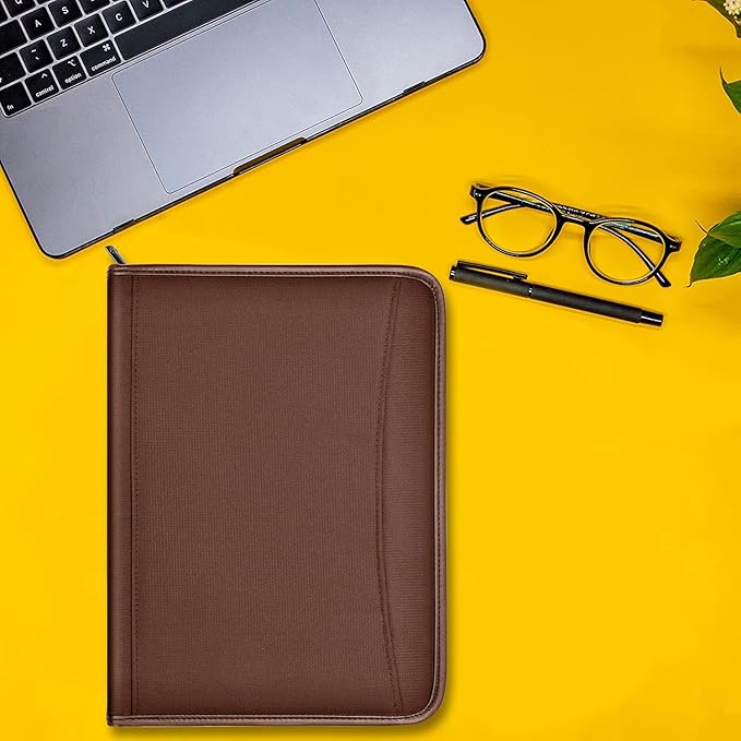 Zippered Portfolio Organizer/ A4 Refillable Lined Writing Notepad Folder Case/Fabric-Covered Padfolio Binder with Interior Storage Pocket for Men Women.Brown