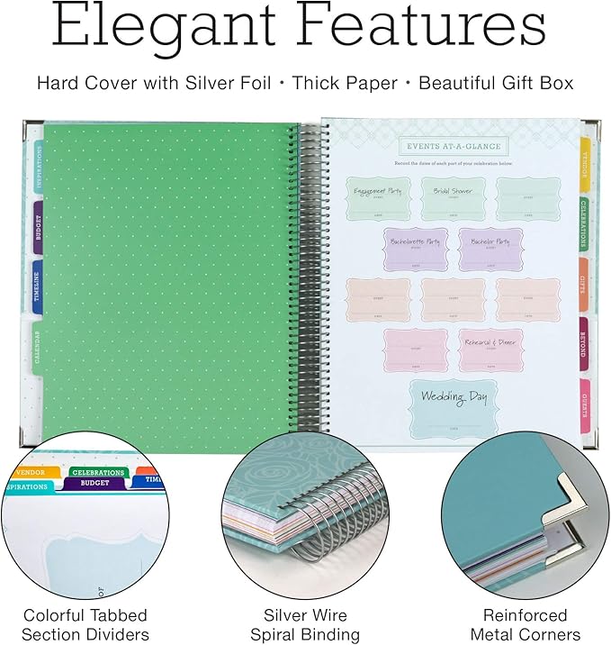 Global Printed Products Wedding Planner 9x11 Hardcover Organizer, Bookmark, Planning Stickers, Business Card Holder, and Pocket Folders