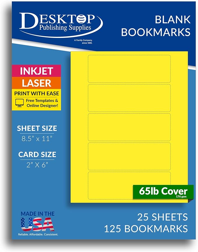 Printable Bookmarks - Blank Bookmark Printing Paper for Inkjet & Laser Printers - 2" x 6" Perforated Bookmarks 5 per Page - 25 Sheets / 125 Book Marks (Bright Yellow)