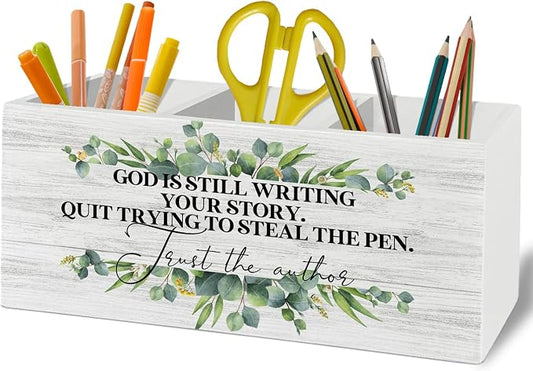 Christian Pen Pencil Holder Organizer for Desk Accessories, Sage Green Eucalyptus Bible Verse Wooden Box Sign Desk Decor for Home Office Decoration, Christian Gifts for Women Men