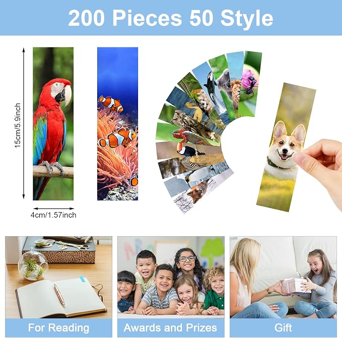200 Pcs Animal Bulk Bookmarks for Kids - 50 Designs Realistic Animal Book Markers for Students Cute Book Mark for Book Lovers to Help Read Inspirational Paper Bookmarks Bulk for Adults Teen Kids