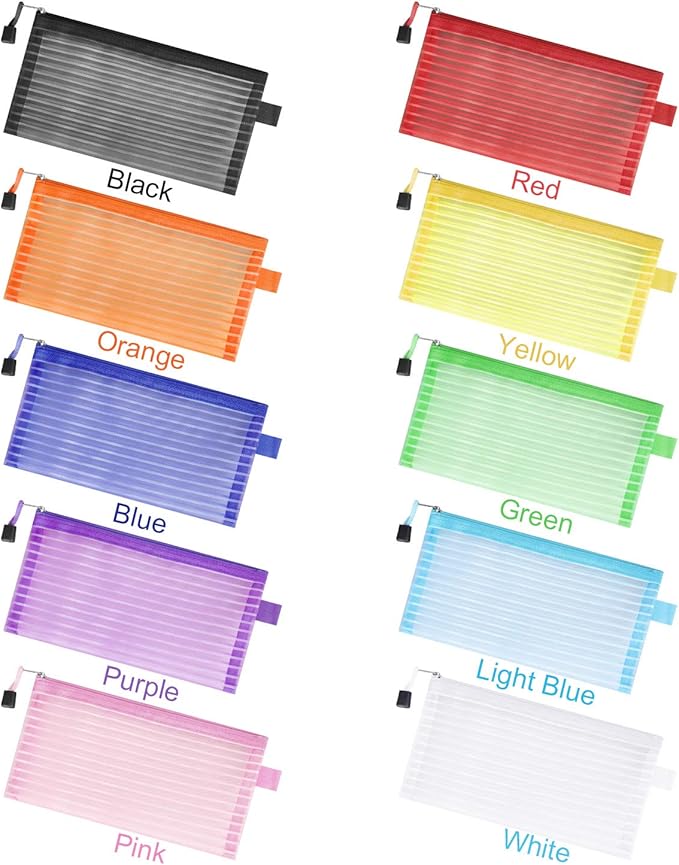20 Pack Multicolored Zipper Mesh Pouch, Zipper Pencil Pouches Pen Bags, Multipurpose Travel Bags for Cosmetic School Office Supplies and Travel Accessories, 10 Colors (Assorted A)
