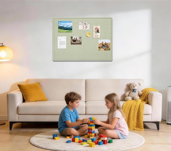 Bulletin Board, 36 X 24 inches Cork Board with 20 Pushpin, Felt Cork Board Notice Pin Board, Self-Adhesive Vision Board Mood Board Foldable Photo Board for Wall - Sage Green