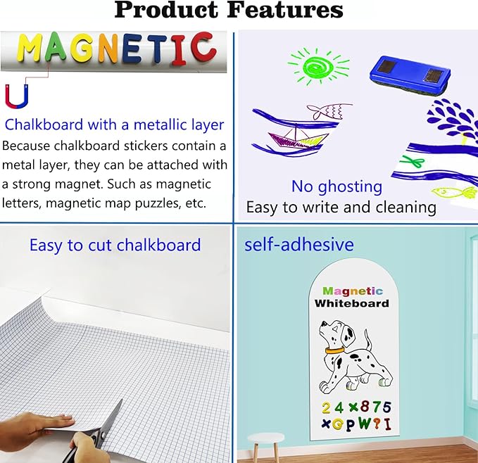 Magnetic Whiteboard Wall Arch Decal 39.3"x17.5" Adhesive Magnetic Dry Erase White Board Sticker with 36 Magnet Letter Removable Contact Paper Peel and Stick Whiteboard Wallpaper Roll