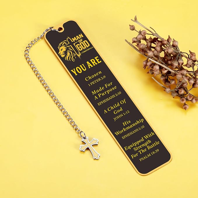 Christian Bookmark for Men, Inspirational Lion Bible Verse Bookmark with Cross Pendant, Religious Scripture Verse Bookmarks for Man Accessories Church Fathers Day Baptism Easter for Pastor Men