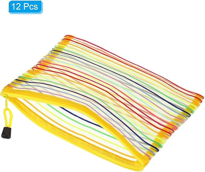 PATIKIL Mesh Zipper Pouch, 12 Pack Nylon A5 Size Pen Pencil Case Document Toiletry Cosmetic Makeup Zipper Travel Pouch Organizer for Office, Yellow