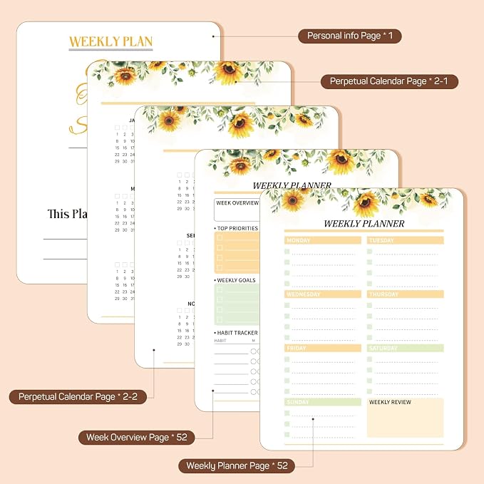 Sunflower Weekly Planner Hardcover - 52 Weeks Undated Daily Schedule Organizer with Personal Info Page & Perpetual Calendar, Floral Planning Notebook Gift for Women & Students, Office Home Planning
