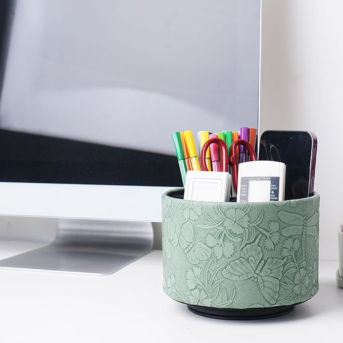Round Leather Art Supply Organizer,Remote Control Holder,360-degree Rotating Pen Organizer with 4 Compartments(1-Butterfly Green)