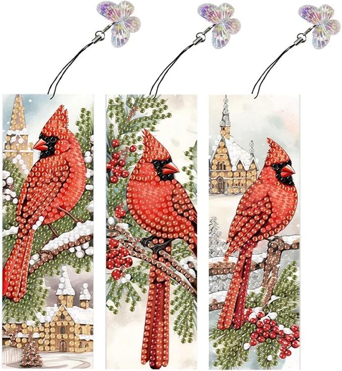 3Pcs DIY Diamond Art Painting Bookmarks with Colorful Butterfly Pendant PET Bookmark Ornament Double Sided Pattern Single Sided Diamond Book Marker Clip Gifts Tags-Cardinal