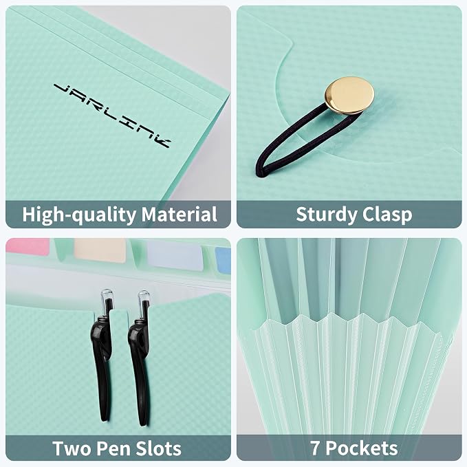 JARLINK 7 Pockets Expanding File Folder, A4 Size Accordion File Folders with 12 Labels, Cute Paper Organizer, Portable Document Organizer for Home College School Office Supplies, Macaron Blue