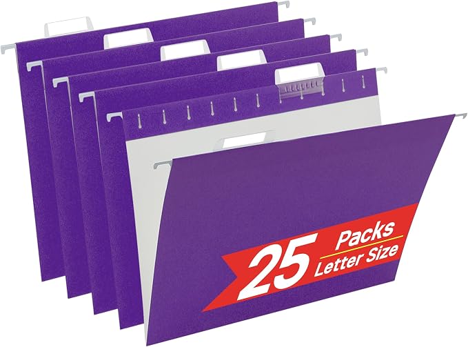 VZCPYTPM 25 Pack Hanging File Folders Letter Size,Purple Reliable Hanging Folders for Filing Cabinet,Reinforced Rods for Smooth Gliding,Includes 1/5 Adjustable Tabs & Inserts,Ideal for Home & Office