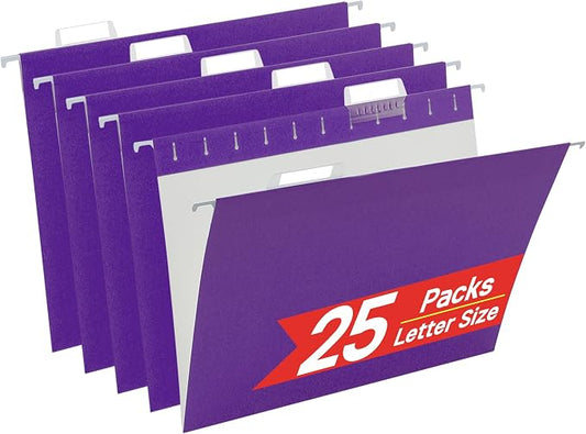 VZCPYTPM 25 Pack Hanging File Folders Letter Size,Purple Reliable Hanging Folders for Filing Cabinet,Reinforced Rods for Smooth Gliding,Includes 1/5 Adjustable Tabs & Inserts,Ideal for Home & Office
