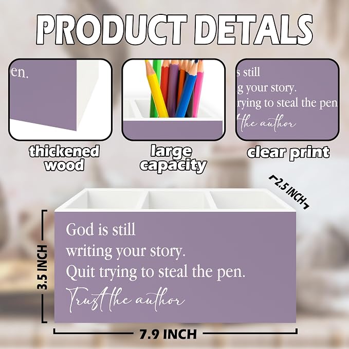 Purple Christian Pen Pencil Holder Organizer for Desk, Christian Gifts for Women, God Is Still Writing Your Story Bible Verse Wooden Box Sign for Home Office Desk Tabletop Decorations