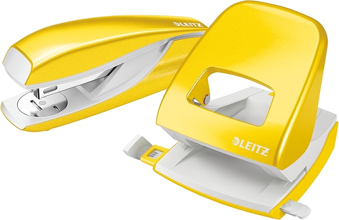 Leitz 50951016 Stapler and Hole Punch Set, Staple or Punch Up to 30 Sheets, Includes Staples, Wow Range, Yellow