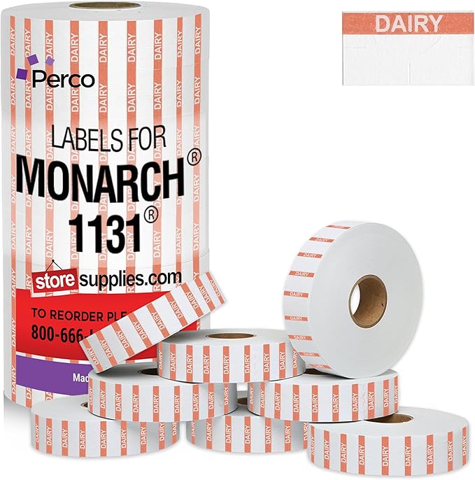 Monarch 1131 Orange Reverse Print on White Dairy Labels — 8 Rolls, 1 Sleeve, 20,000 Labels for Monarch 1131 Price & Date Guns—with Tamper-Proof Design for Marking Milk, Cheese, Yogurt, Butter—USA Made