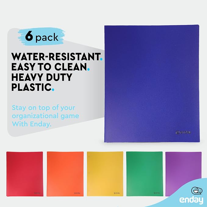 Plastic Folders with Pockets and Prongs Blue, Two Pocket Folder with Brads, 3 Prong Folders with Pockets for Letter Size Sheets, Also Avail in Purple, Black, Green, Yellow, Orange, 6 Pc –by Enday