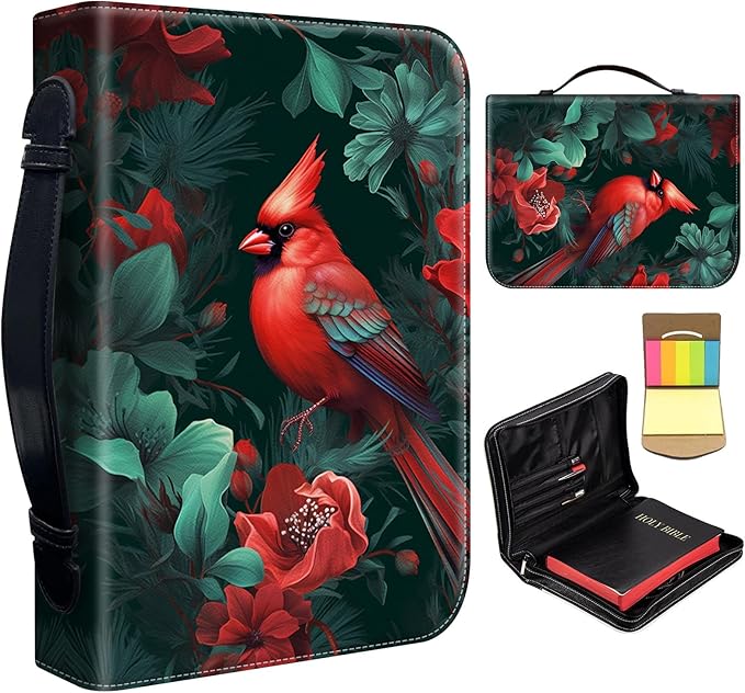 Bible Cover for Men Women,Large Leather Bible Case Fit Book Up to 11x8x2 Inch,Cardinal Red Bird on Tree Bible Covers Bible Study Carrier Church Bags w/Handle & Zipper