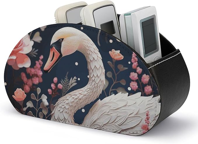 Floral Swan Remote Control Holder TV Remote Caddy with 5 Compartments PU Leather Storage Box Stylish Desk Organizer for TV/DVD/Accessories Desk Office Supplies Home