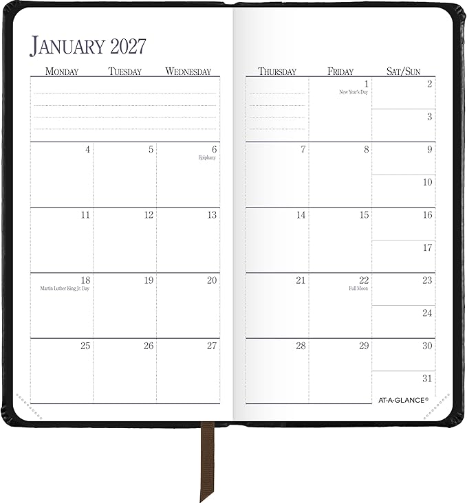 AT-A-GLANCE 2027 Planner, Weekly & Monthly, 3" x 6", Pocket Size Fine Diary, Faux Leather Hardcover, Black Brown (74020527)
