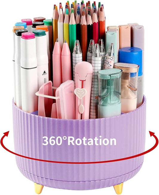 Desk Pencil Pen Holder, 5 Slots 360°Degree Rotating Pen Organizers for Desk, Desktop Storage Stationery Supplies Organizer, Cute Pencil Cup Pot for Office, School, Home, Art Supply, Purple