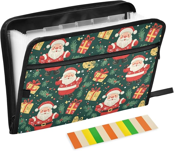 File Folders Santa Claus Gifts and Christmas Green Plastic Folders with 13 Pockets, Expandable File Folder for Documents School Students Office, Aesthetic Folder with Labels A4 Letter Size