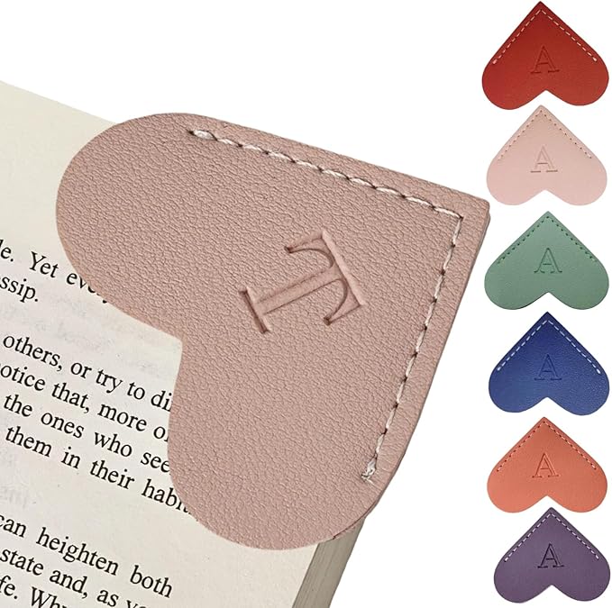 Personalized Leather Heart Bookmarks with Initials, 26 Letters Custom Corner Book Mark for Reading Women,Teacher, Student, Book Lovers Book Marker, Meaningful Gifts (Red+Pink,T)