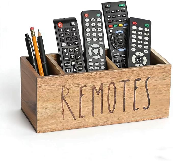 Remote Control Holder, Farmhouse Wood TV Organizer for Table, Wooden Remote Control Organizer, Remote Storage Caddy, Remote Control Organizer (Brown, 9.8 Inch-Labeled REMOTE)
