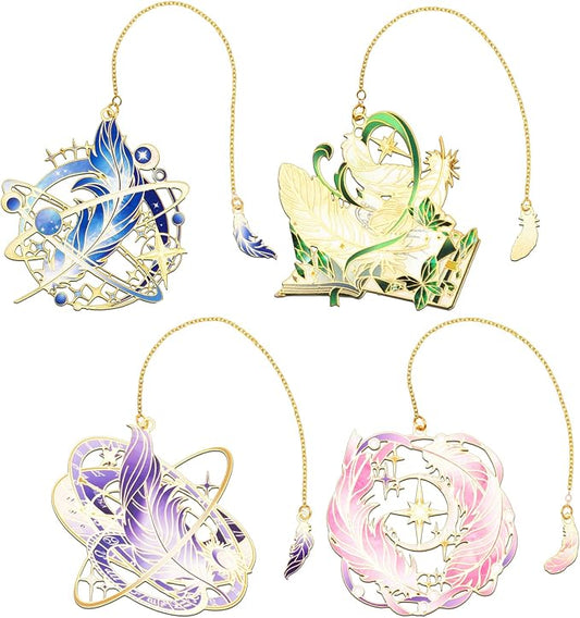 4 Pieces Metal Retro Feather Series Bookmark, Perfect for Women Readers (BKM-066-F4)