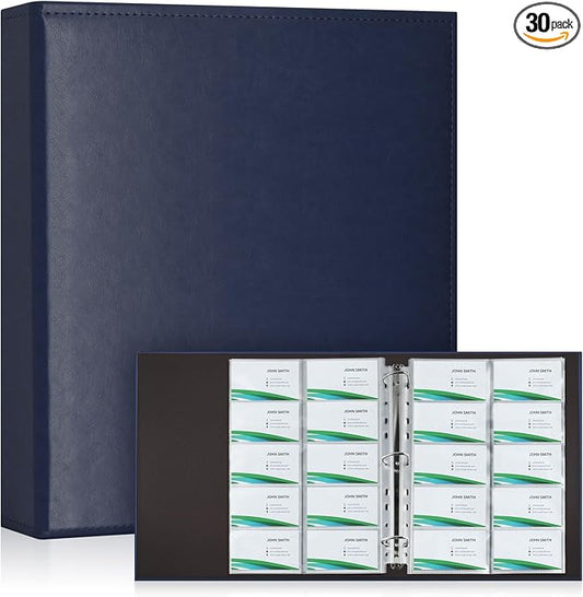 BYSTER A4 Business Card Book, PU Leather Organizer with 30 Pack Sleeves (600 Pockets), Business Card Binder for Credit Cards, Membership Cards, and More - Blue