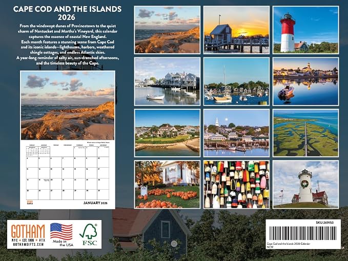 Cape Cod Calendar 2026 Nantucket Marthas Vineyard Wall 12 Month Monthly MA Scenic Souvenirs Themed Gifts | American Made In The USA