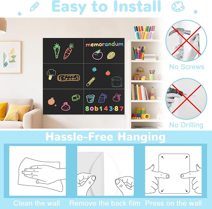 Magnetic Wall Decal for Kids Black Set of 6 Peel and Stick Magnet Chalkboard Wall Decal with Tangram Puzzle Chalk Accessories Magnetic Decal Wall Magnetic Wallpaper Stickers for Home Playroom