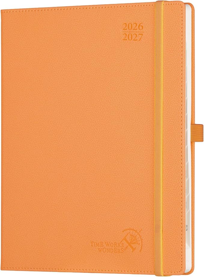 POPRUN Planner 2026-2027 (Large 8.5"x 10.5"), Horizontal Weekly Notebook Jul.2026 - Jun.2027, Academic Appointment Book with Monthly Tabs, Leather Hardcover, Inner Pocket - Orange