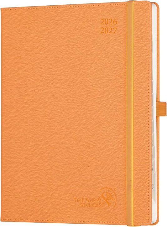 POPRUN Planner 2026-2027 (Large 8.5"x 10.5"), Horizontal Weekly Notebook Jul.2026 - Jun.2027, Academic Appointment Book with Monthly Tabs, Leather Hardcover, Inner Pocket - Orange