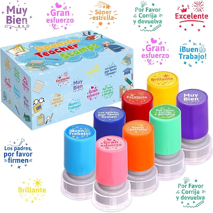 Fancy Land Teacher Stamps Spanish Self Inking Stamp for Classroom Grading Stamps Gift Set Motivation Stampers for Teachers Students Signature Homework Test Reward Supplies School 8pcs