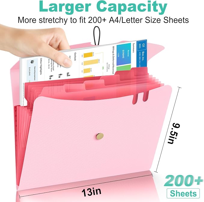 Sooez 7 Pocket Accordion File Organizer, Premium Expanding File Folder, Letter Size Folders for Documents, Sleek Filing Folders with Bungee Closure, Portable Folders for School Office Supplies, Pink