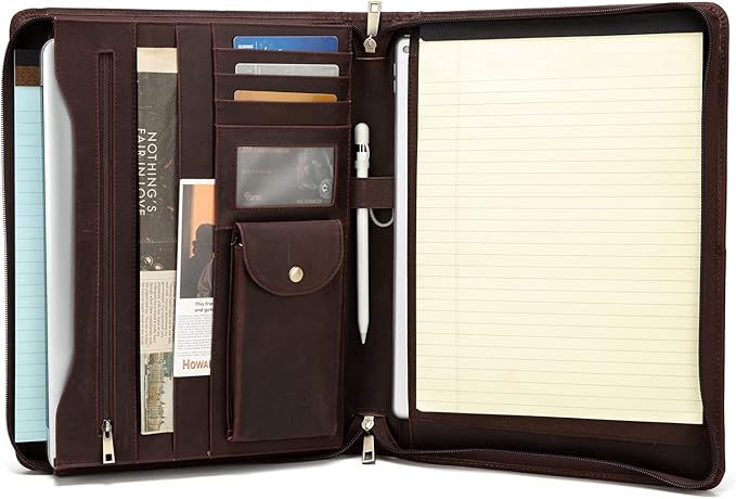YIWEN Handmade Leather Portfolio, Zippered Padfolio Organizer Case, 8.5 x 11" Notepad Holder and 13" Tablet Folio, Professional Business Travel Gift for Women and Men (Dark Brown, Crazy Horse Leather)