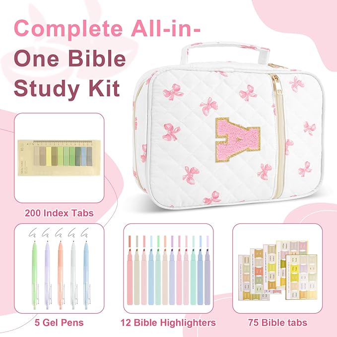 Iqimott Personalized Initial Bible Cover Case for Women - Large Quilted Bible Case with Handle, Stylish Chenille Letter, Pink