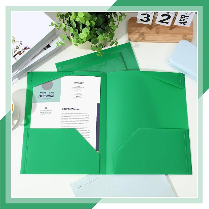 Henoyso 18 Pack Green Plastic Folders with Clear Front Pockets Heavy Duty File Folders with 2 Pockets and Card Slot for Student Communication School Office Presentation Report