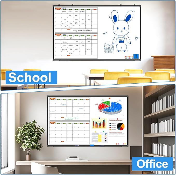 Large Magnetic Dry Erase Calendar Whiteboard Combo 72" x 40", 2 Month Whiteboard Calendar & Dry Erase Board for Wall, Wall Mounted Board with 2 Erase, 10 Marker, 12 Magnet
