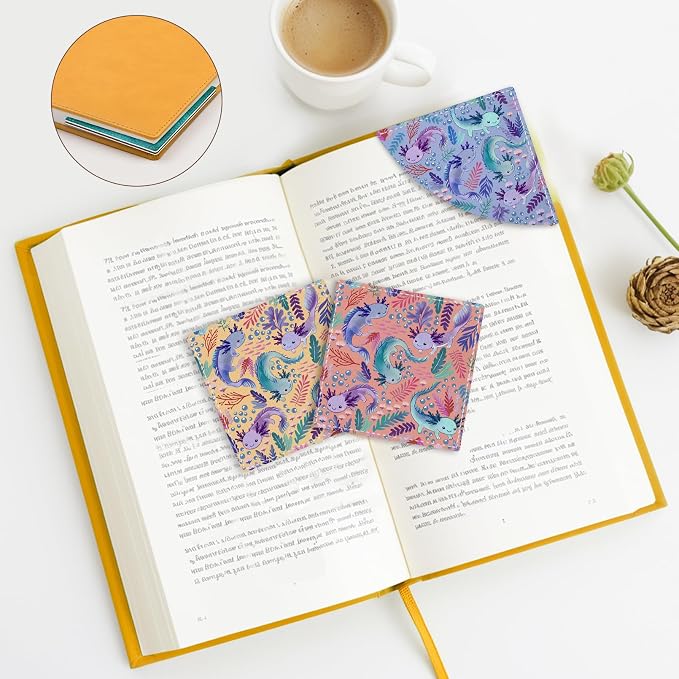 Icycay Axolotls Corner Bookmarks, Cute Leather Book Accessories for Book Lovers, 3 Pcs Reading Book Page Markers for Women Men Student Teacher Girls Boys Kids Retirement Birthday Gifts