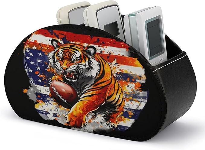 Tiger American Flag Remote Control Holder with 5 Compartment PU Leather Multi Functional Desk Storage for TV Remotes Office Supplies