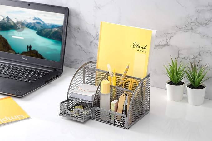Desk Organizer with Drawer, Desktop Wire Mesh Sorter with 6 Compartments for Pens, Pencils and Letters (Silver)