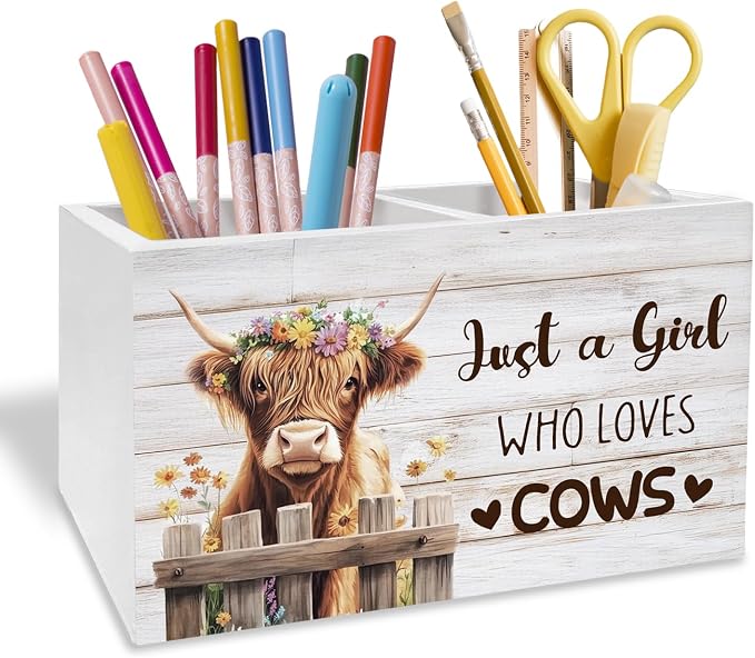Highland Cow Gifts Pen Holder for Desk, Just a Girl Who Loves Cows Pencil Organizer, Rustic Floral Heifer Wooden Box Sign Desk Decor for Girls Bedroom Home Office Decoration