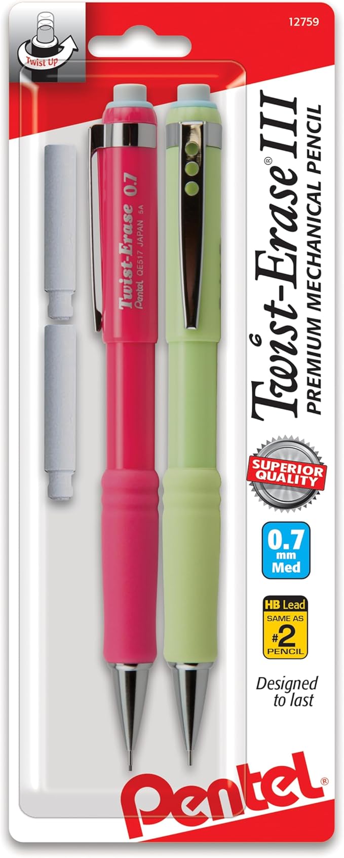 Pentel Twist-Erase III Mechanical Pencil,(0.7mm),Assorted Barrel Colors with Eraser Refills (QE517BP2),(Pack of 4)