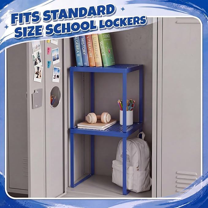 Colarr 2 Pcs Locker Organizer Shelf Stackable 2-Tier Shelves Fits Standard Size School Lockers Heavy Duty Metal Locker Shelf for School Office Gym Lockers Home Storage 11x 10 x 12 Inch(Deep Blue)