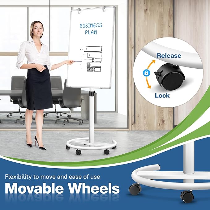 Mobile Whiteboard, 36x24 Magnetic White Board with Stand, Height Adjustable Flip Chart Easel, Dry Erase Standing Whiteboard for Office, Teaching